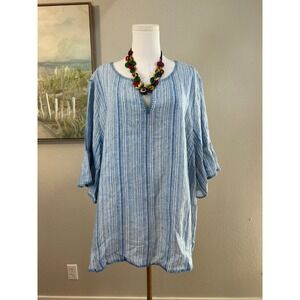 Tahari Blue White Striped Linen Tunic Lagenlook Top Plus Size 3X